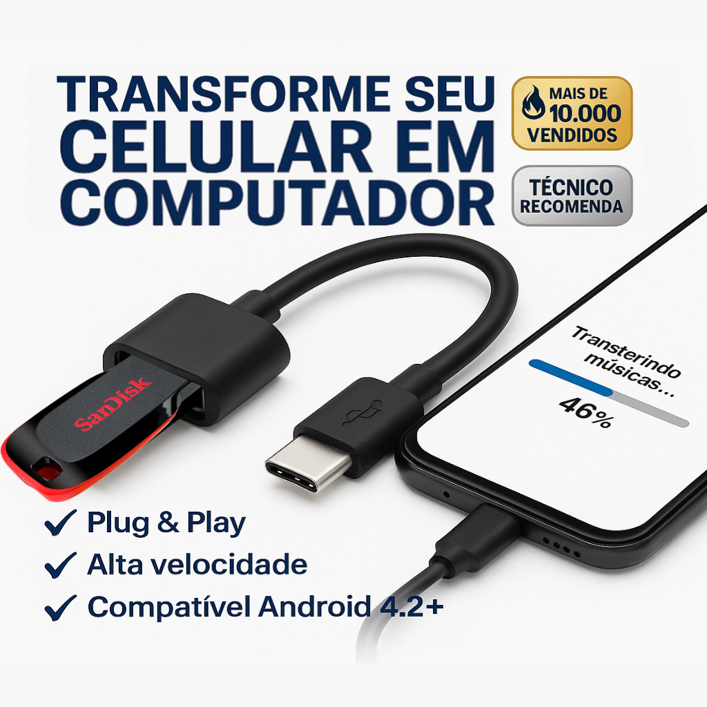 Cabo OTG Tipo C Modelo Android Novo Conecte Pen Drive Mouse Teclado Impressora Controle Game