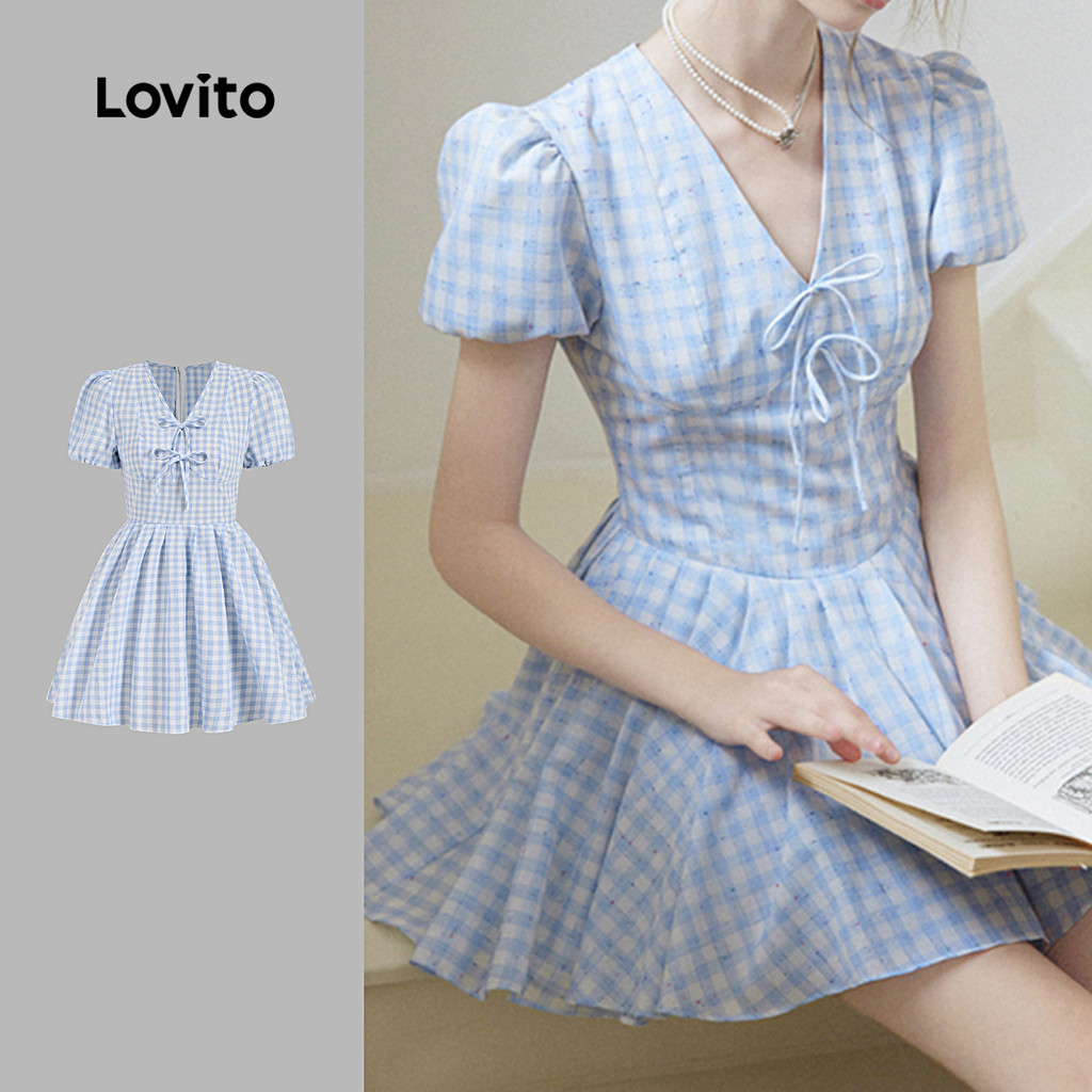 (New) Lovito Vestido Casual de Renda com Cadarço  Laço e Plissado para Primavera/verão  Azul  para mulheres L144AD040 em Oferta na Shopee