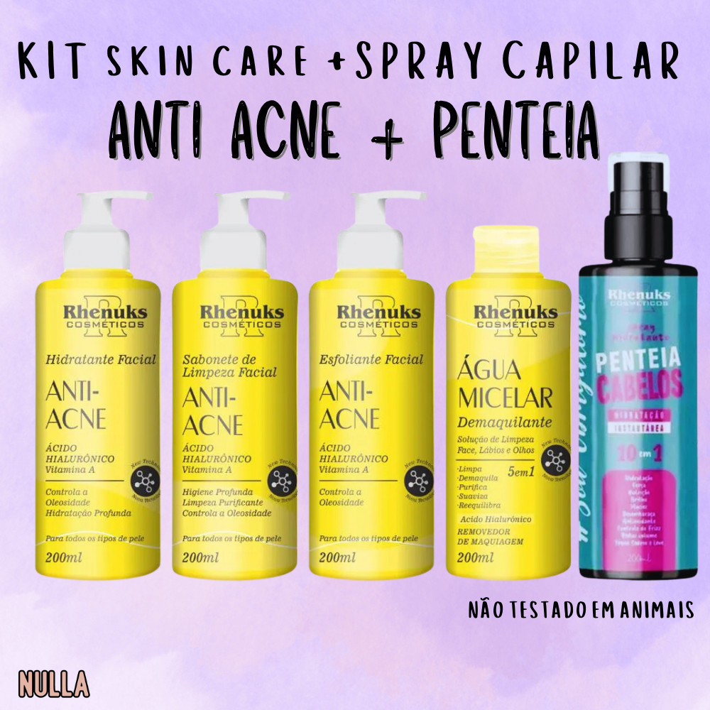 KIT Skin Care ANTI ACNE + SPRAY PENTEIA CABELO - spray hidrante capilar + KIT FACIAL c/ hialurônico e vitamina A
