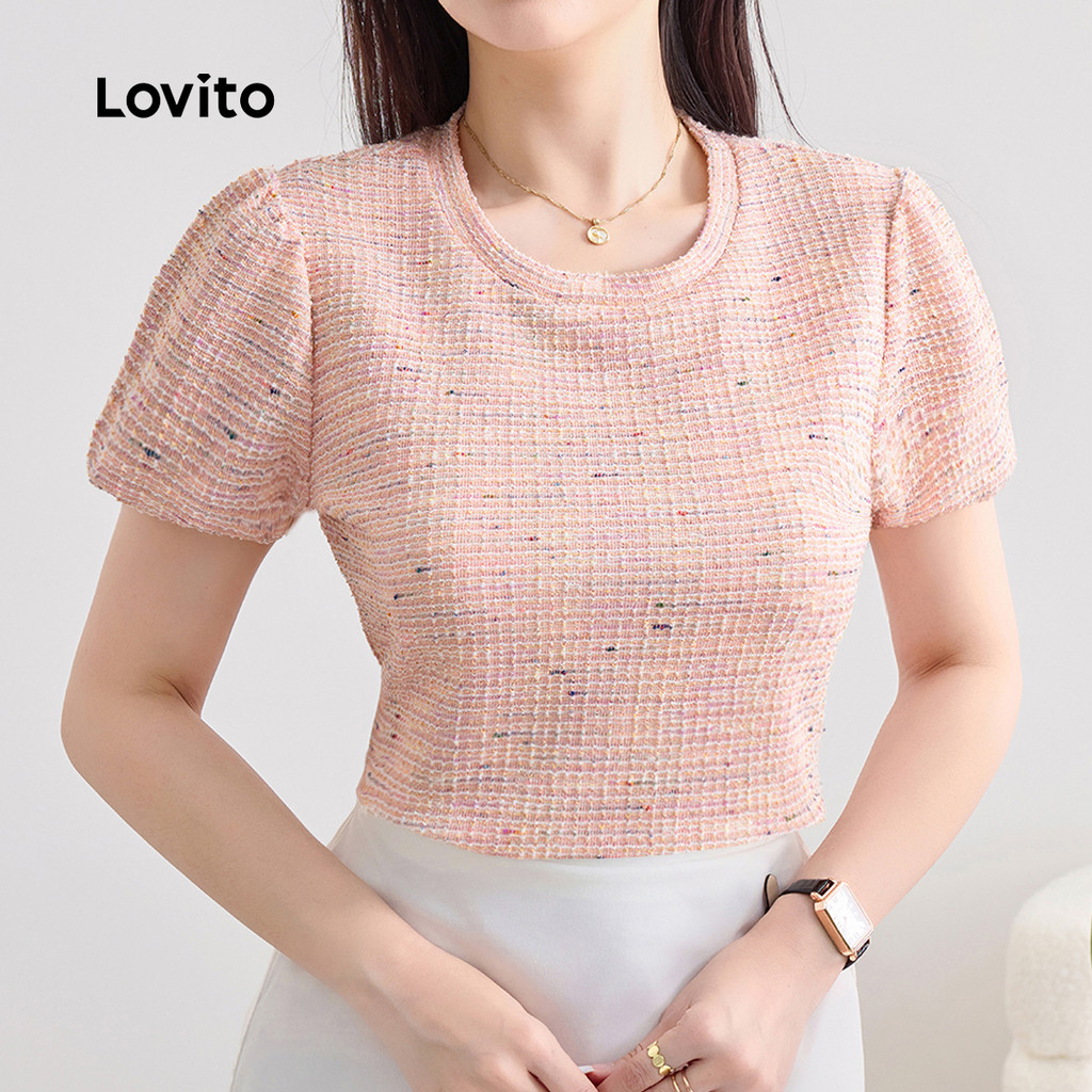 Lovito Camisa Casual com Jacquard Franzido Primavera/verão Rosa para mulheres L143ED107 em Oferta na Shopee