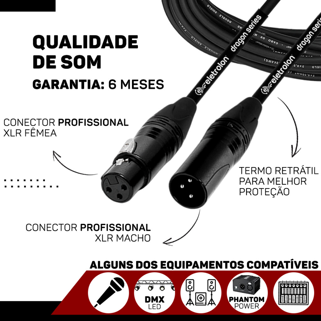 Cabo De Microfone Balanceado Xlr Macho Para Xlr Femea - Disponível em Vários Metros — imagem 2 de 2