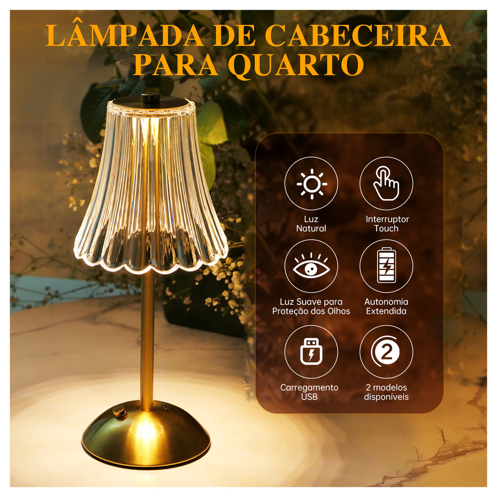 Abajur Cristal Luminaria Mesa LED Recarregavel Sem Fio 3 Tons De Luz Touch Cabeceira Quarto Sala Luxo