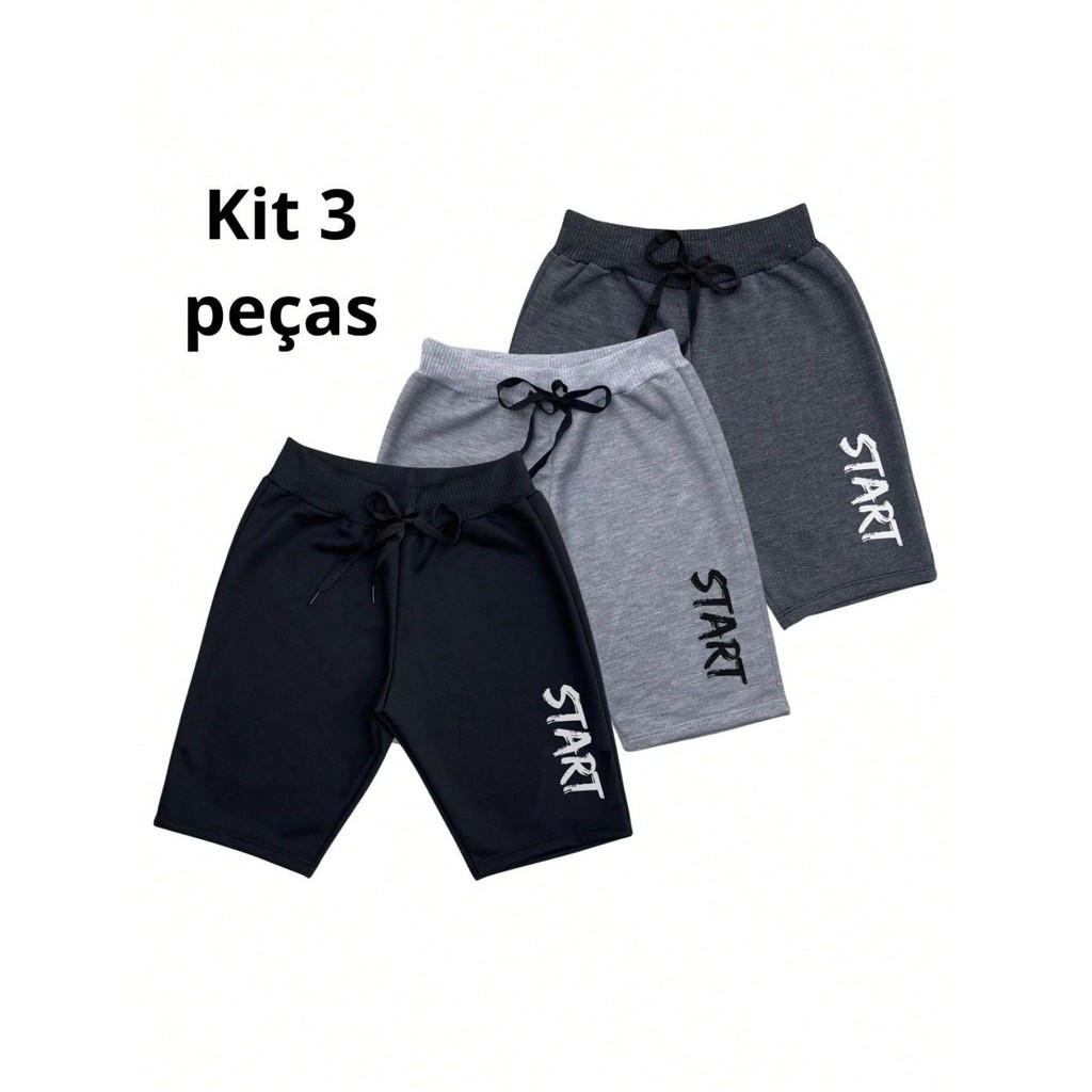 Kit 3 Bermuda Start Shorts Infantil Masculina Moletom Moletinho Menino criança 02 a 12 anos