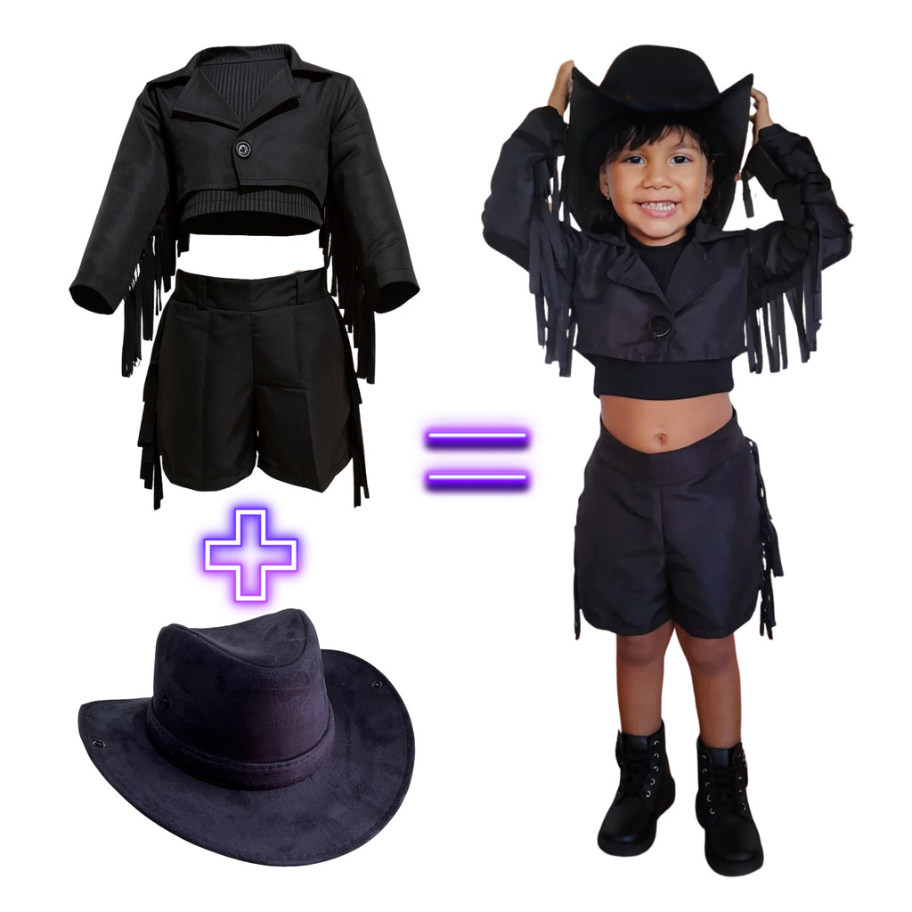 Conjunto  Country Boiadeira Ana Castela Menina Preto Infantil com Chapéu Para Festas e Aniversários