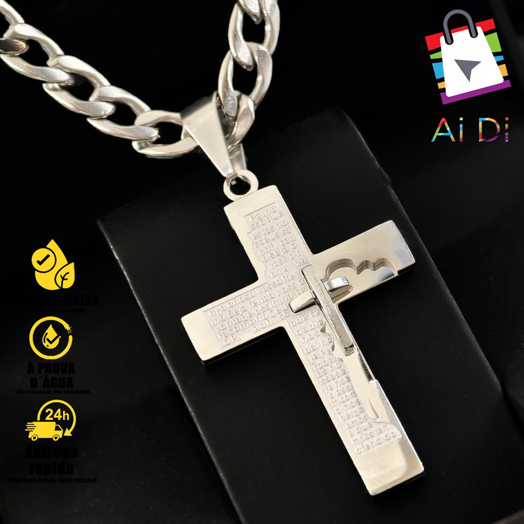 Colar de Aço Inox com Pingente de Cruz Pai Nosso - Corrente Masculina Banhada a Prata, Presente Perfeito