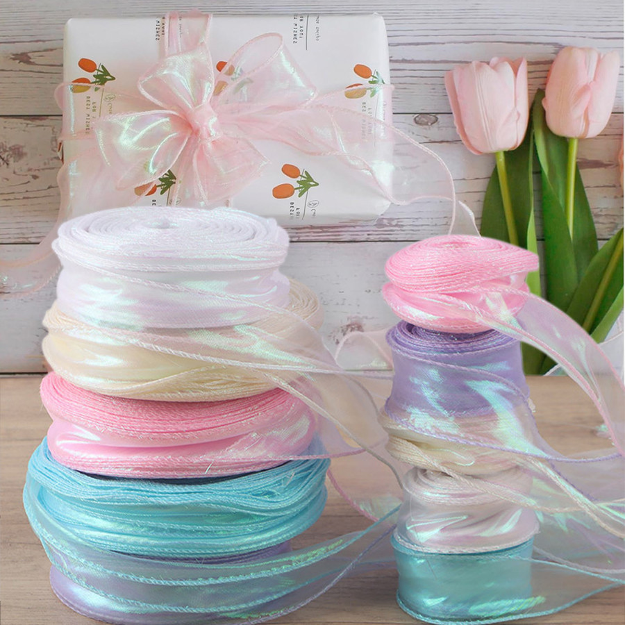 50 Jardas Fitas De Fios Iridescentes De Rabo De Peixe Flores Embalagem De Organza Wired Ribbon Christmas Wedding Decor Presentes