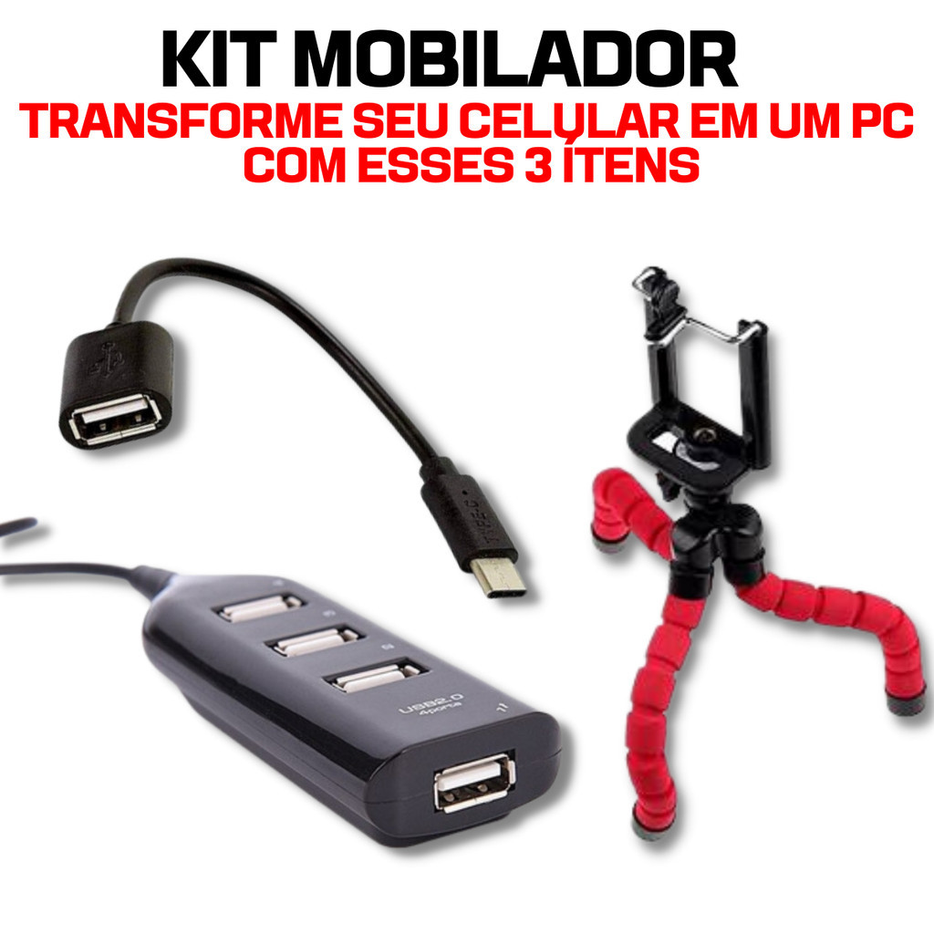 Mobilador Hub 4 Portas Usb 2.0 Ultra Rápido + Cabo Otg Usb-c Ou Micro Usb + Tripé Suporte Flexível Premium