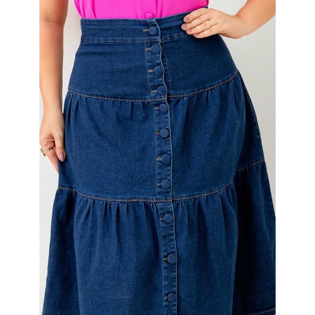 Saia Jeans Midi 3 Marias Feminina Com Botões Funcionais E Encapados E Elegante Casual Envio Imediato