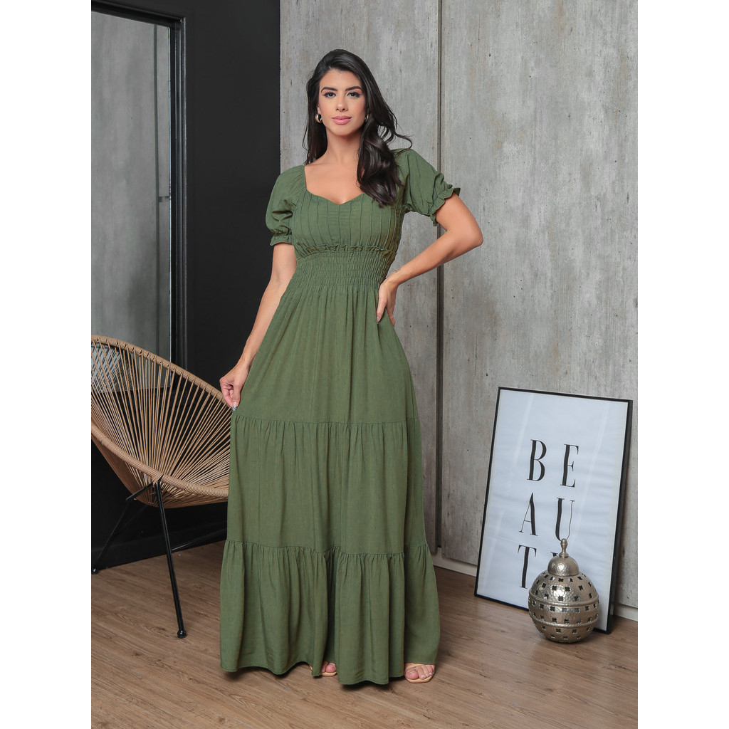 Vestido Feminino Longo com Mangas Longas
