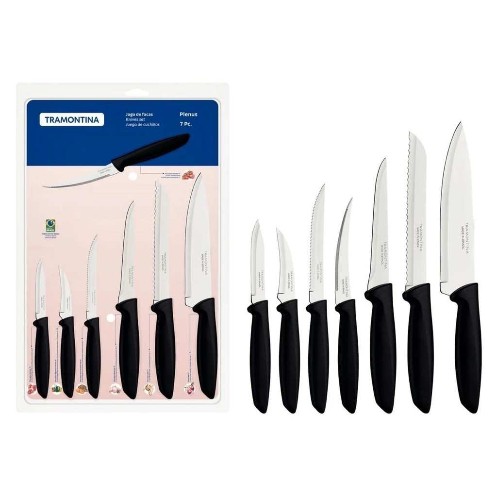 Jogo Facas Tramontina Plenus com Lâminas Aço Inox Cabos de Polipropileno Preto 7 Pçs 23498066 em Oferta na Shopee