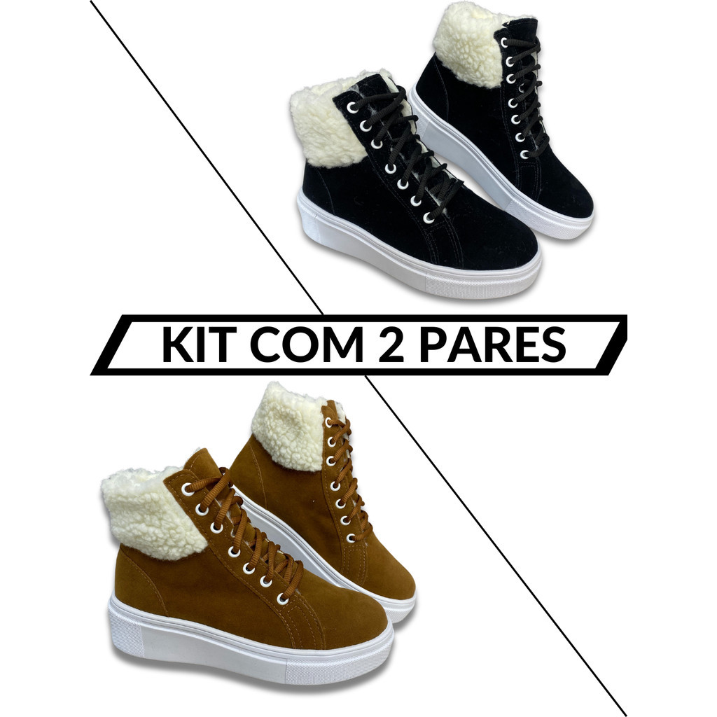 KIT 2 Bota Feminina Coturno Neve Forrada Com Pelos Quentinha Inverno Frio