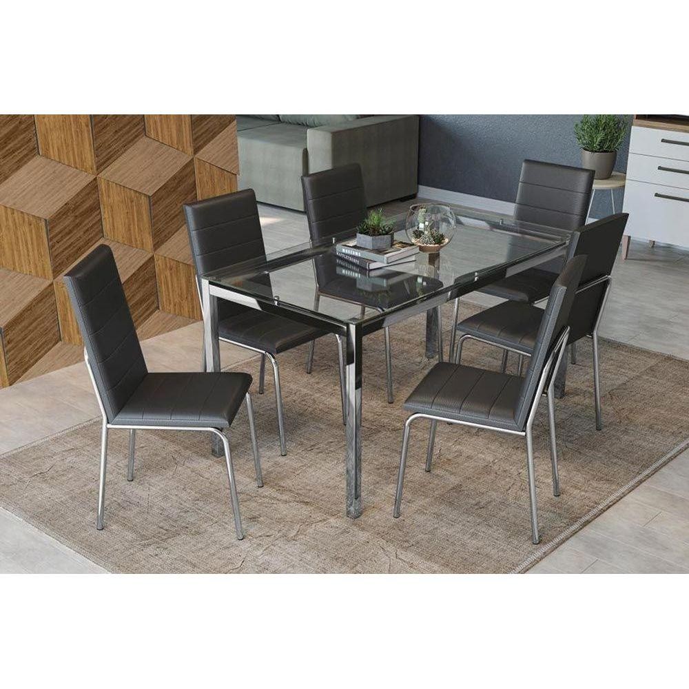 Sala de Jantar Completa Reno c/ Tampo de Vidro 150x80cm e 6 Cadeiras Amsterdã Cromada/Preto 110 - Kappesberg em Oferta na Shopee