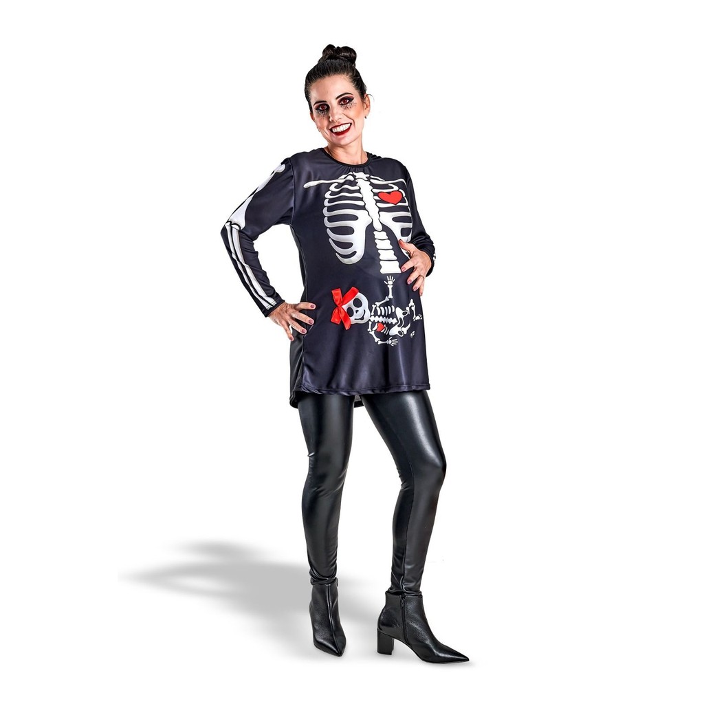 Fantasia Caveira Gestante Bata para Grávida Esqueletinho Menino ou Menina Poncho Adulto Festa Halloween Dia das Bruxas
