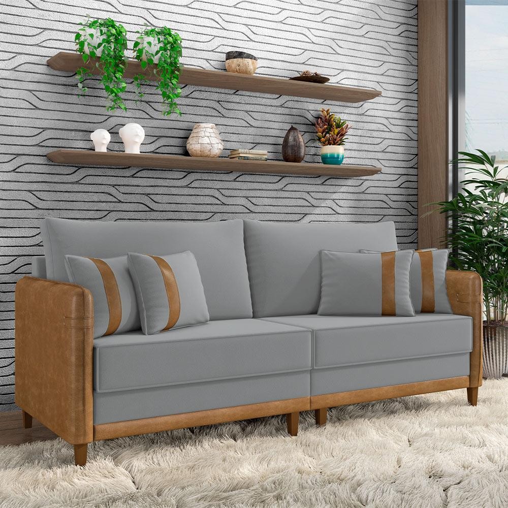 Imagem Sofá Living Montecarlo 2 Lugares Bipartido 212cm Pés em Madeira Veludo/PU Cinza/Caramelo G33 - Gran Belo