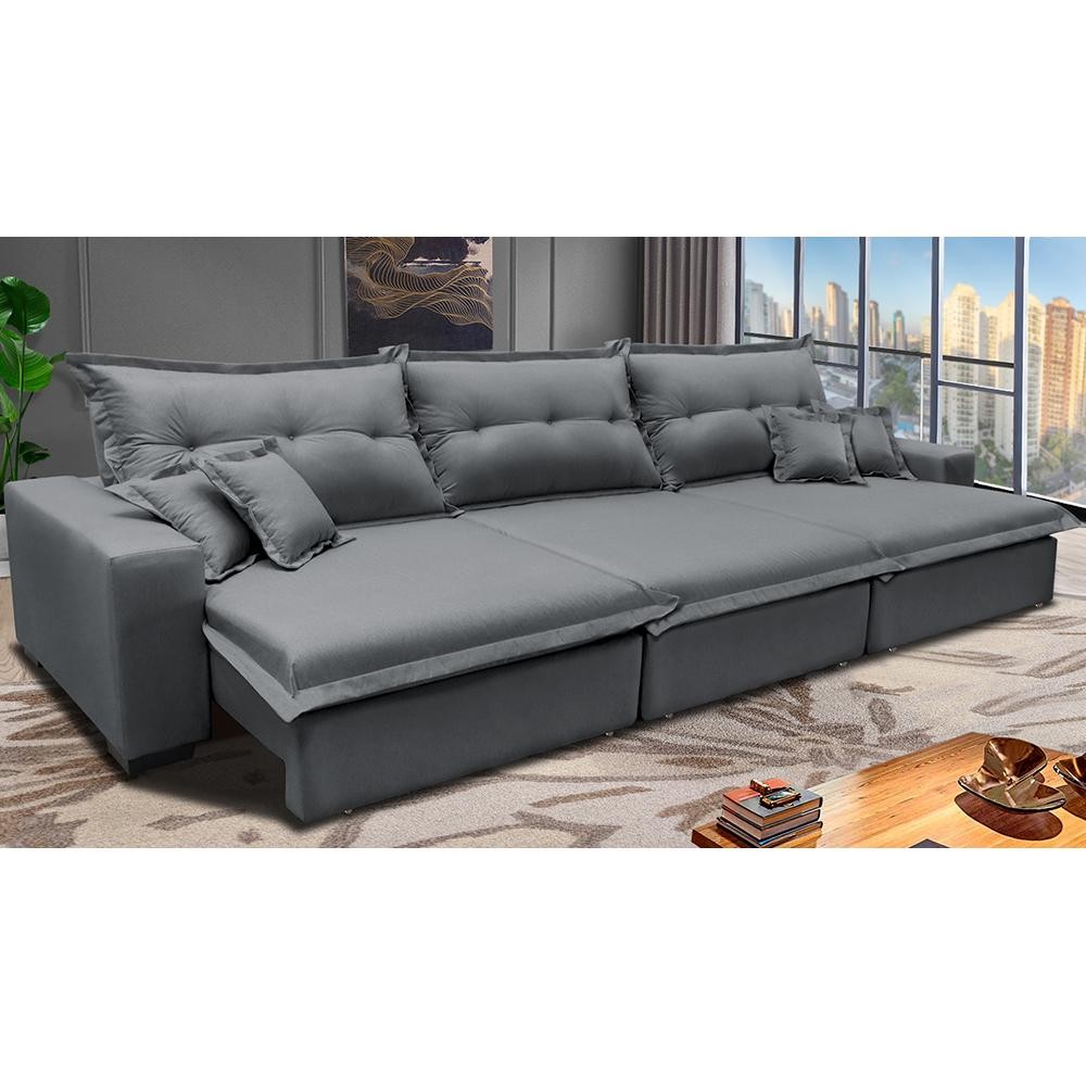 Sofá Retrátil e Reclinável 3,82m com Molas Ensacadas Cama inBox Prime Tecido Linho Cinza Escuro - Home & Living