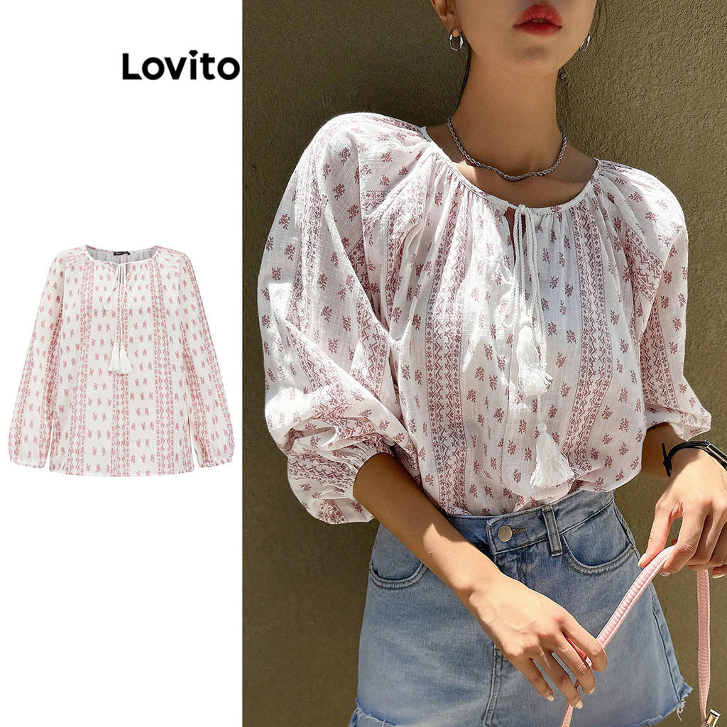 Lovito Blusa Boho Com Estampa Tribal E Franjas Com Cordão Para Mulheres L92MD969 - Women Clothes