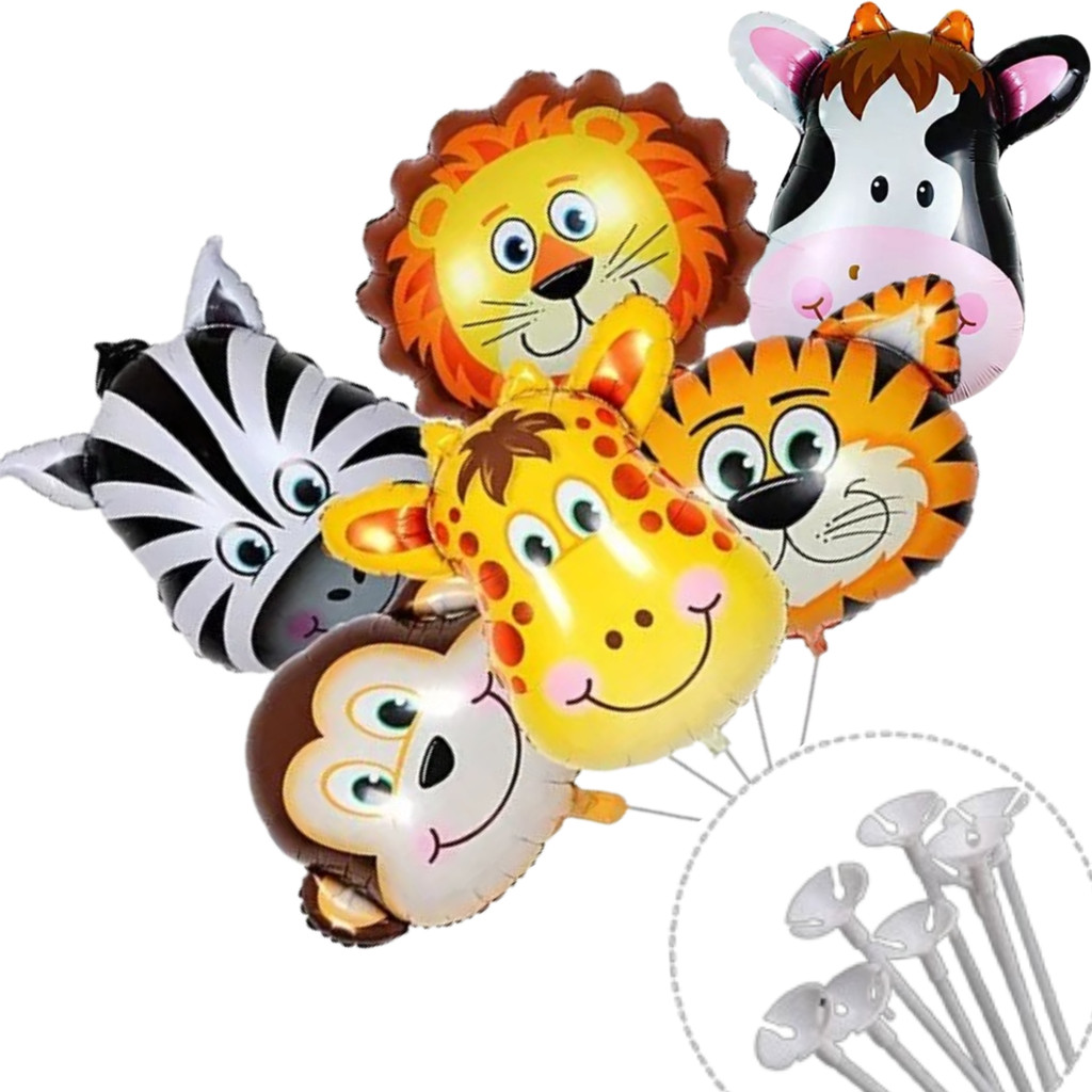 Balão Animais Safari Metalizado 55cm, Vareta Pega Balão, Kit 6 Balões Metalizados Animais + 6 Varetas Pega Balão