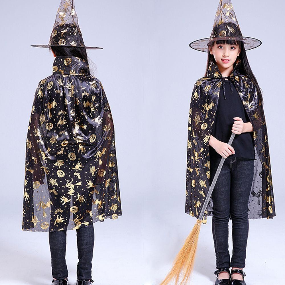 kit Fantasia chapéu com Capa de Bruxa Estampada pra Halloween e cosplay ( Infantil)