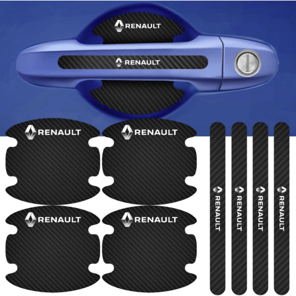 Kit Renault 8 Peças Adesivo Protetor Maçaneta de Porta Fibra de Carbono Carro Anti Arranhões Acessórios