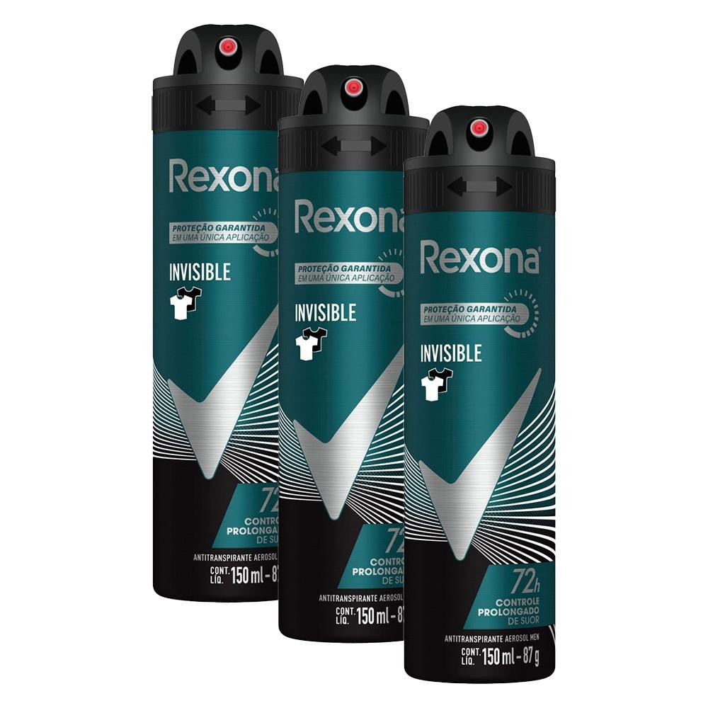 Kit com 3 Desodorantes Antitranspirantes Aerosol Masculino Rexona Invisible 72 horas 150ml