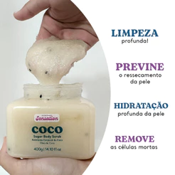 Esfoliante Corporal de Coco Cicatribem Sensation 400g Sugar Body Scrub Esfoliação Suave Pele Macia Renovada e Perfumada
