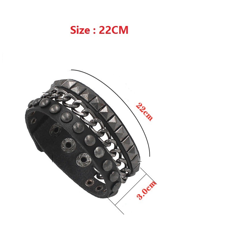 Punk Couro Rebite Pulseira Ajustável Feminino Masculino Gótico Com Corrente De Metal Crânio Manguito Jóias