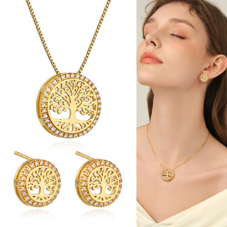 Kit Colar Brincos Feminino Ouro 18K Redondo Coreanos Conjunto Folheado a Platina Arvore Da Vida Zircônia Cravejada em Oferta na Shopee
