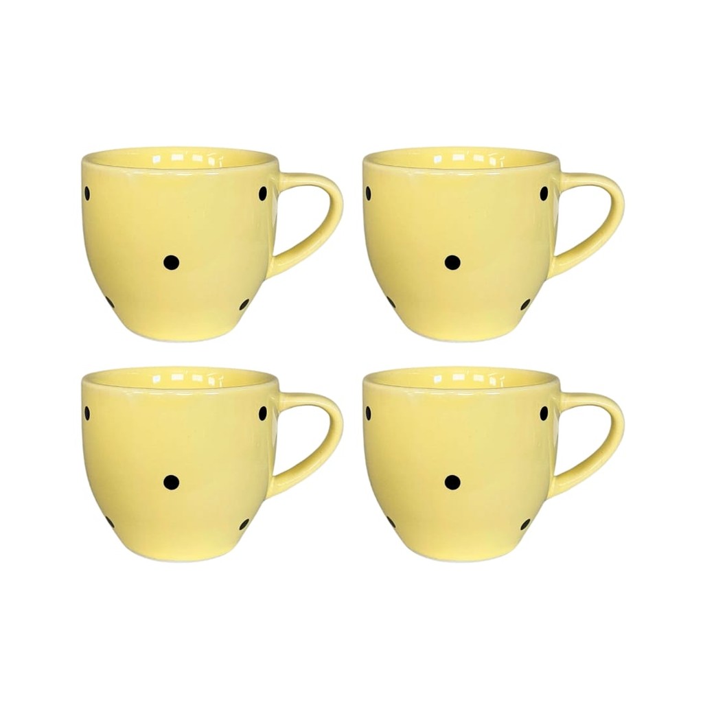 Kit 4 Xícaras Paris Amarela Decoradas Bolinhas Poá 170 Ml