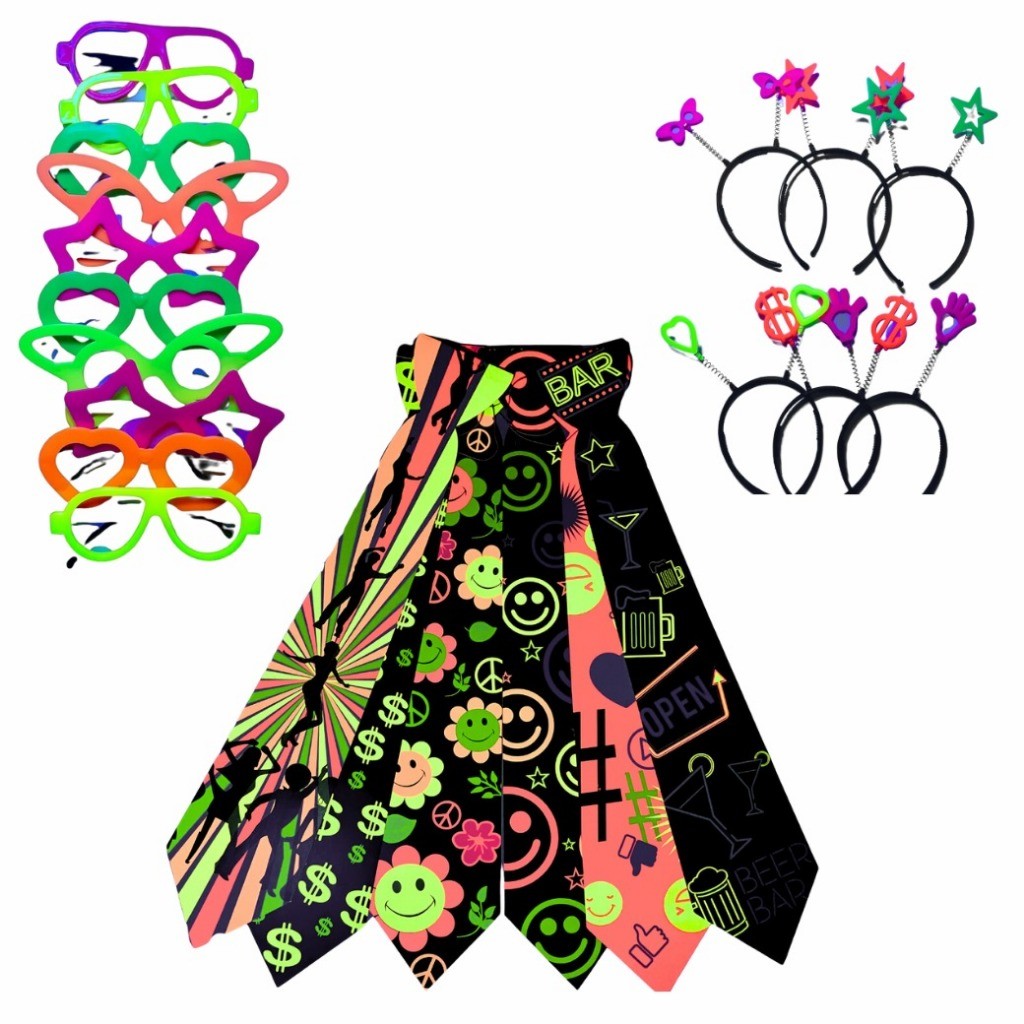 Kit Balada Festa Neon Casamento 15 Peças Adereços 5 Óculos, 5 Tiaras, 5 gravatas - Adereços Divertidos