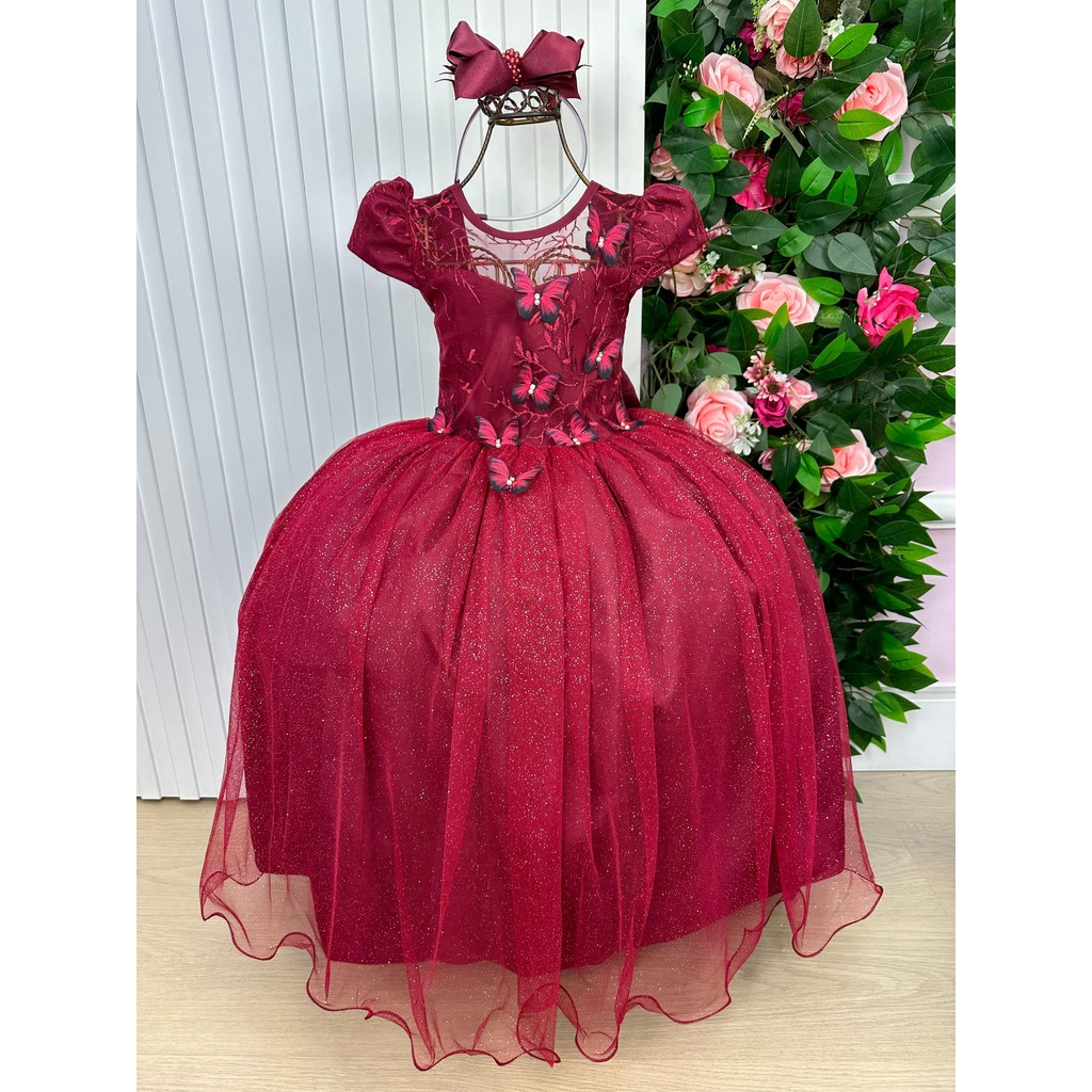 Vestido Vila Lele Longo Jardim Encantado Borboletas Marsala