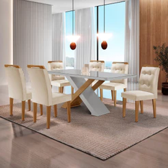 Mesa para Sala de Jantar Carol 180cm MDF Canto Copo com Vidro e 6 Cadeiras Carol Moderna Mobília
