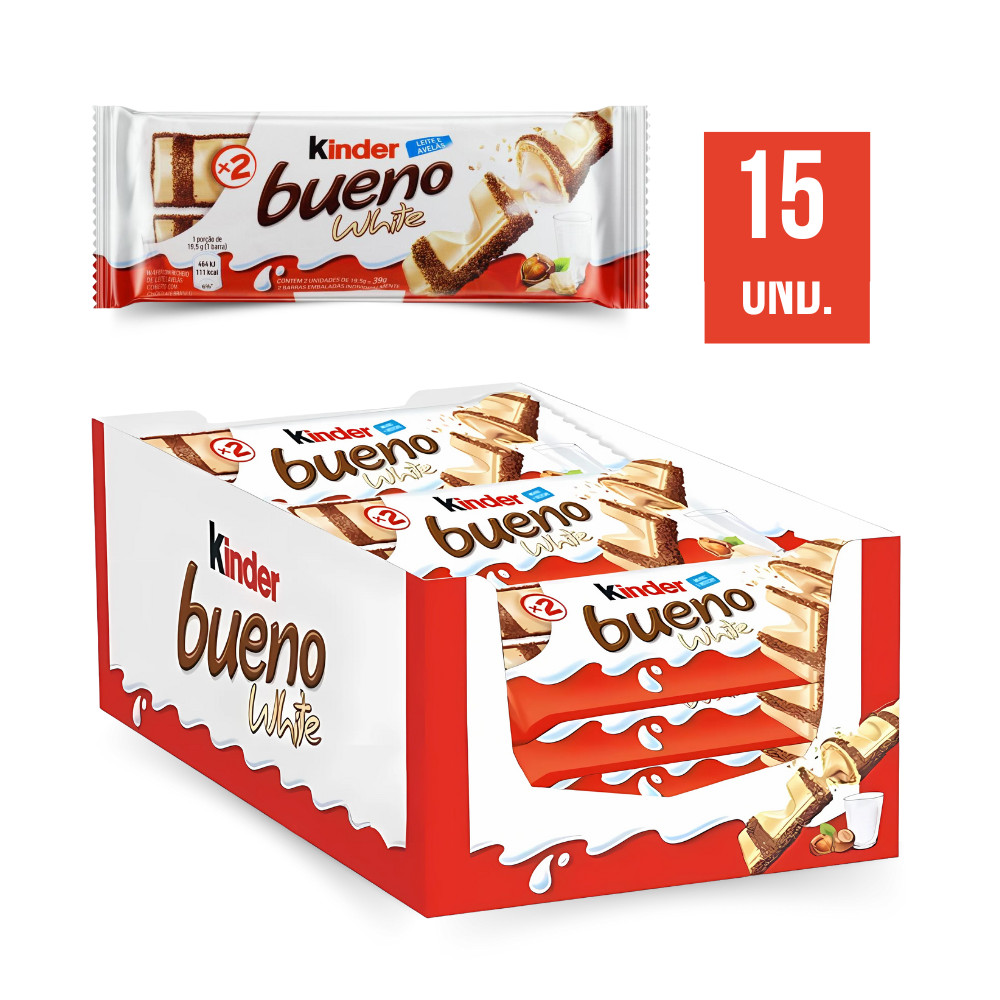 Caixa Kinder Bueno White Chocolate Branco Kit Com 15 Pacotes Wafer Duas Barrinhas T2 39g Crocante Cremoso Avelã Ferrero