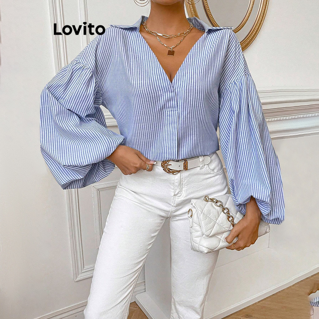 Lovito Blusa Elegante Listrada Tecido Costura Blusa Plissada Para Mulheres LBL14242