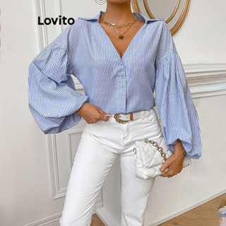 Lovito Blusa plissada elegante com costura em tecido listrado para mulheres LBL14242