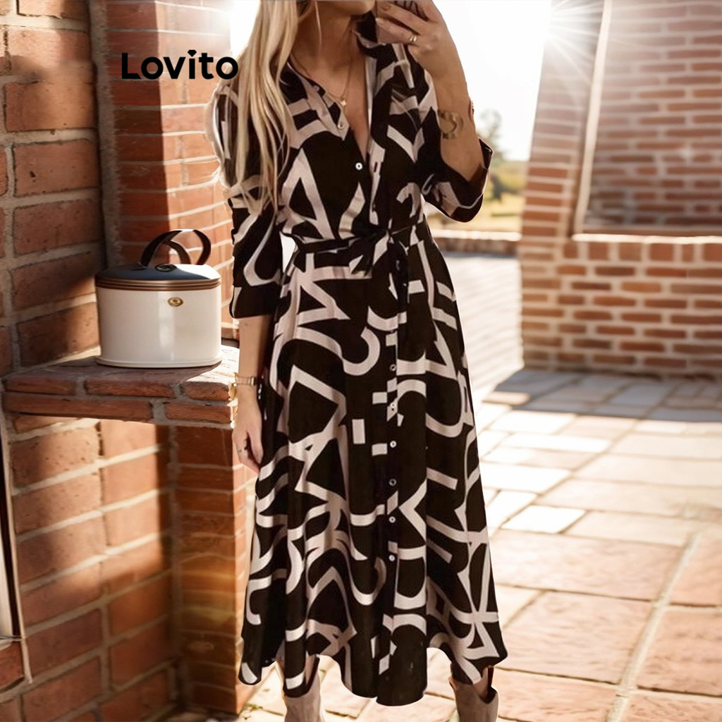 Lovito Casual Vestido Feminino Estampa Geométrica Colorblock com Botão e Amarra LNL55004
