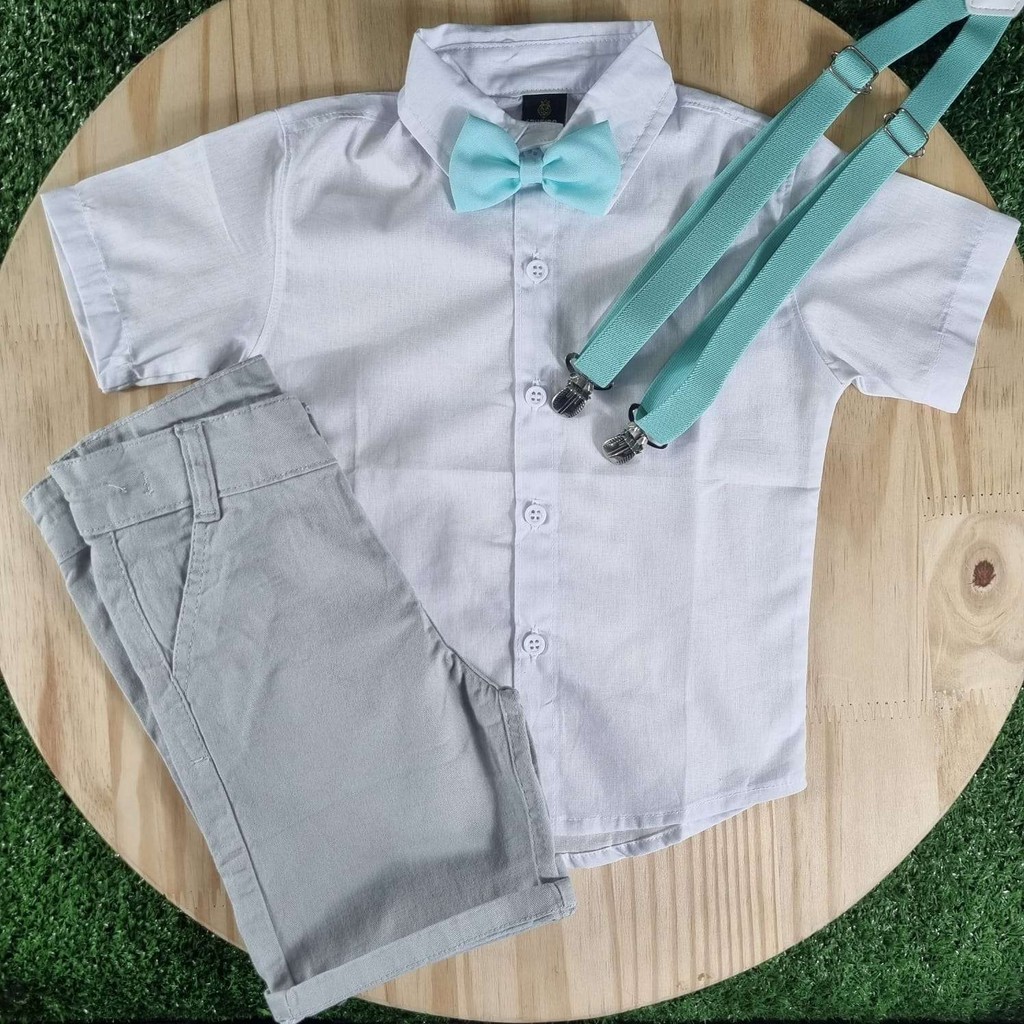 Bermuda Cinza Camisa Branca Gravata Suspensório Verde Menta Batizado Pajem Formatura Casamento Social Menino Infantil