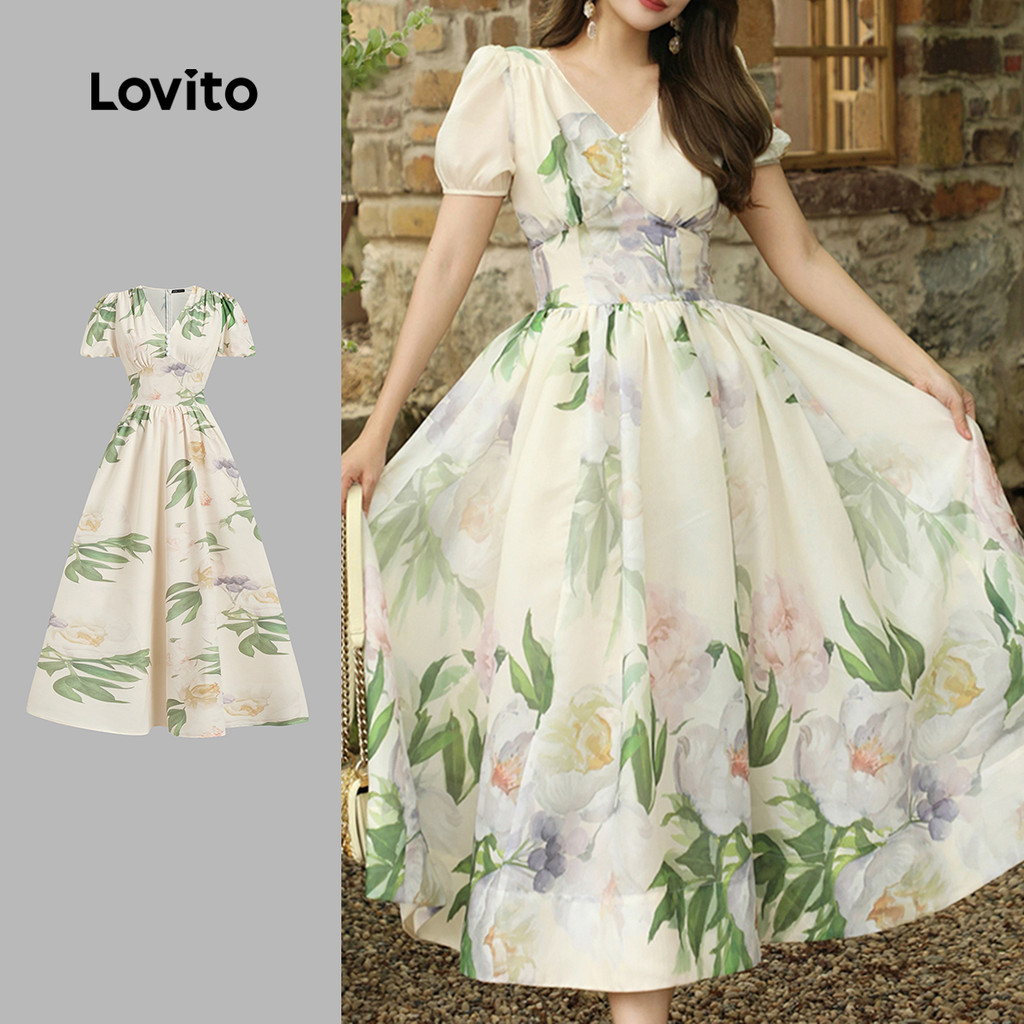 Lovito Vestido Boho Padrão Flores Drapeadas Primavera/Verão Vestido Multicolor Para Mulheres L135ED478 - Women Clothes