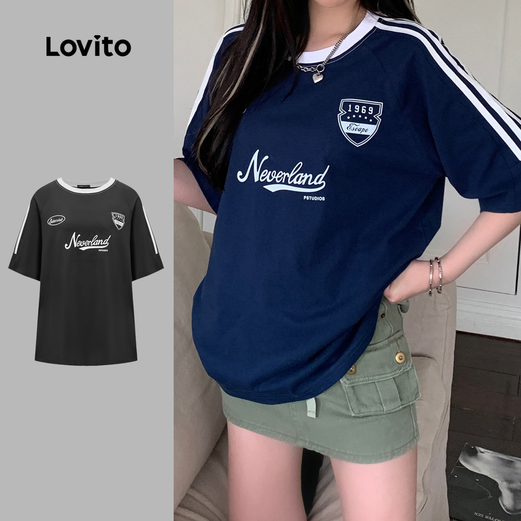 (Hot) Lovito Camiseta Casual Com Letras Contrastantes E Encadernação De Verão Para Mulheres LNE29081 (Multicolorido) em Oferta na Shopee