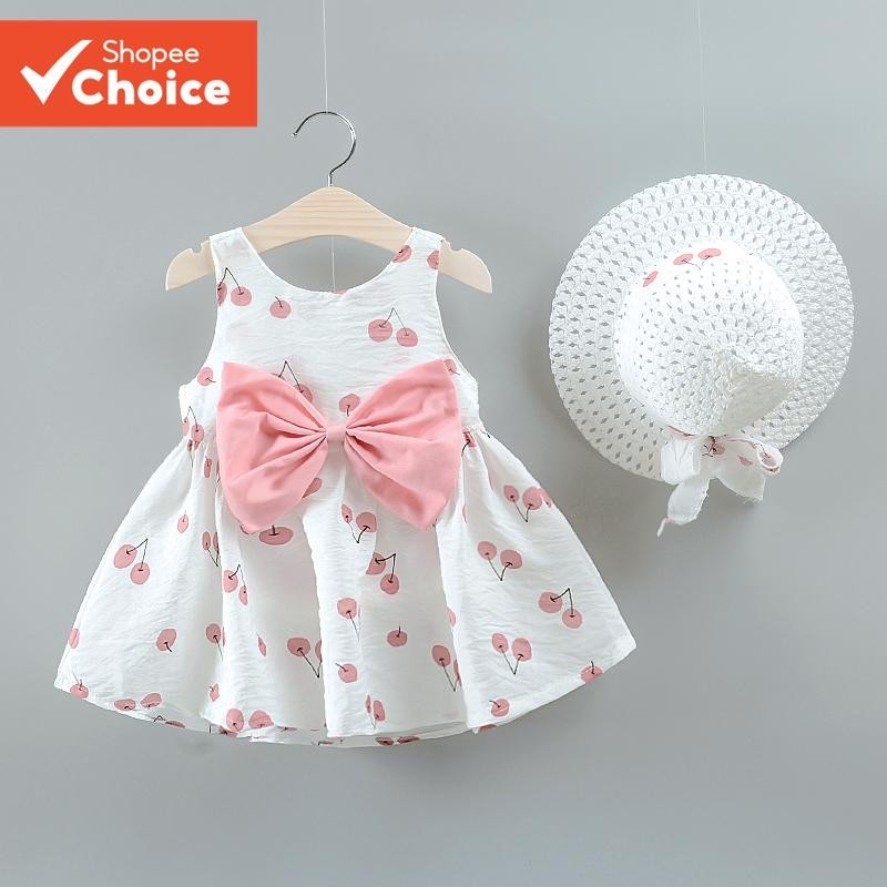 Vestido Fofinha De Cereja Para Meninas Verão 2023 com Saia, Colete e Chapéu para 9 Meses a 3 Anos