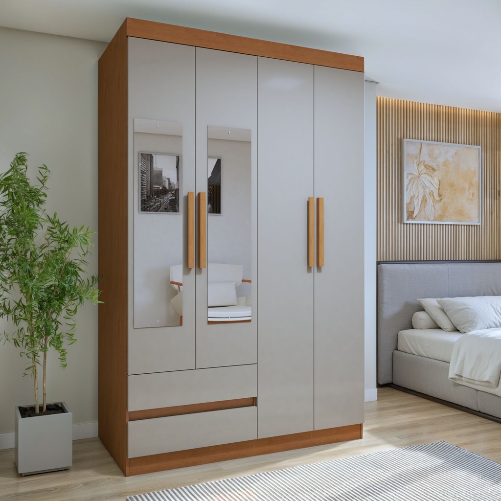 Guarda-roupa 4 Portas 2 Gavetas Zeus com Espelho Amêndoa Clean/Off White em Oferta na Shopee