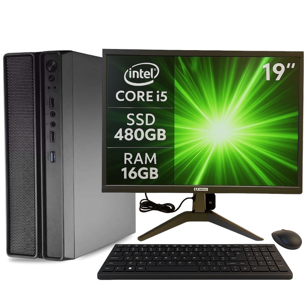 PC Slim Completo MultiPC I5 16GB SSD 480GB Windows 11 Pro C/ Monitor 19, Teclado e Mouse Ideal para Casa ou Escritório