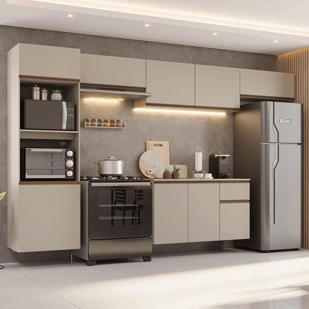 Armário De Cozinha Completa 340 Cm Suspenso Nice Madesa 02 Crema