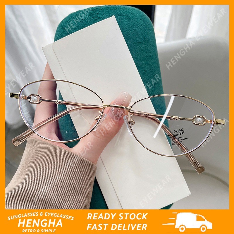 (HENGHA) Óculos De Metal Olho De Gato Oval Dourado Feminino Estilo Coreano Pérola Anti Luz Azul em Oferta na Shopee