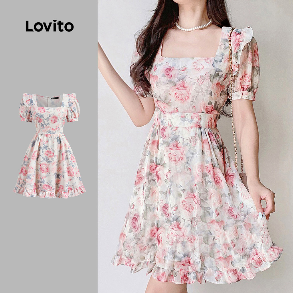 Lovito Vestido Elegante E Elegante Com Babados Florais E Babados Para Mulheres L123ED677 em Oferta na Shopee