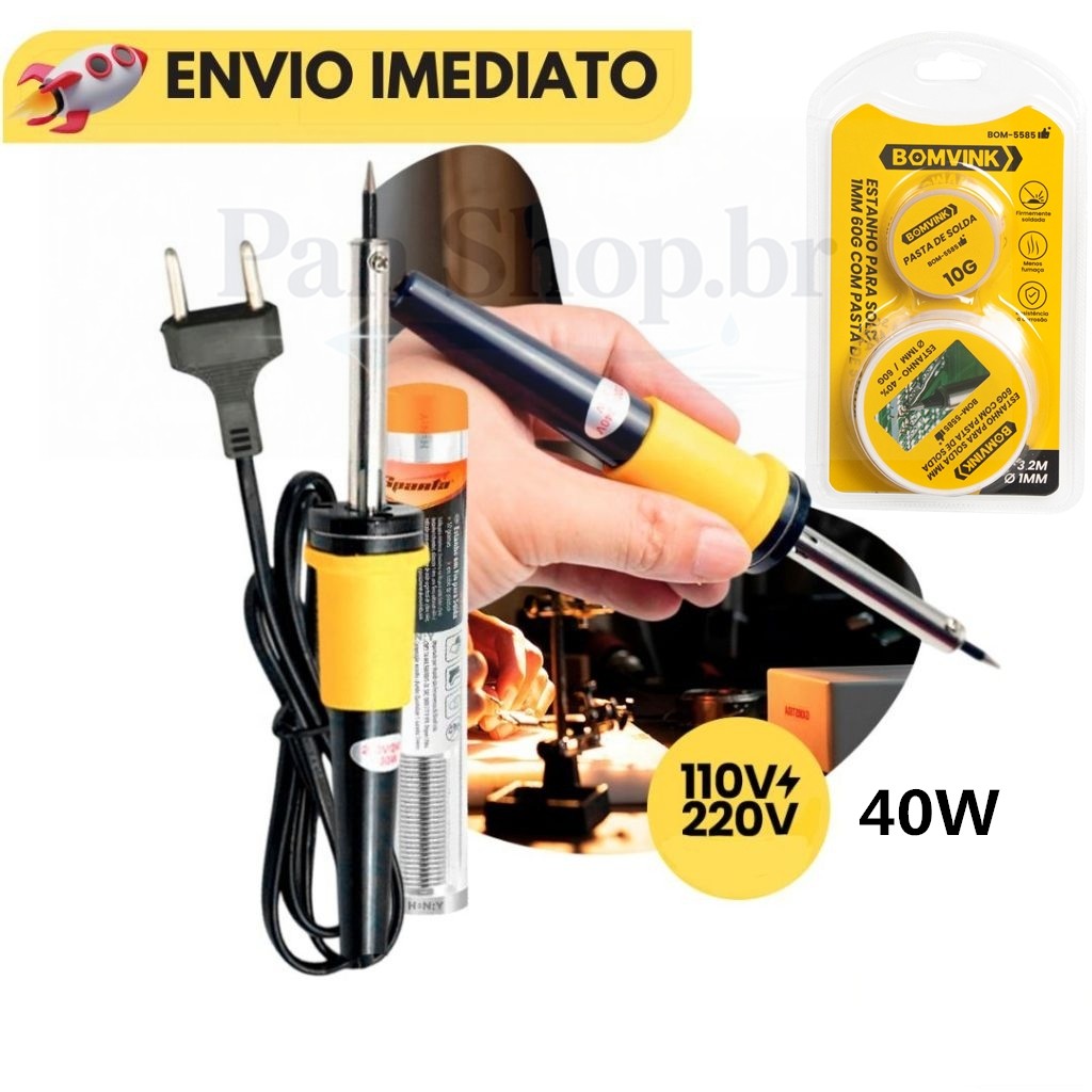 🔥 Soldador 40W 110V/220V + Kit Iniciante: Estanho 1mm 3M e Pasta Fluxo Rosin - Ferro de Solda Profissional