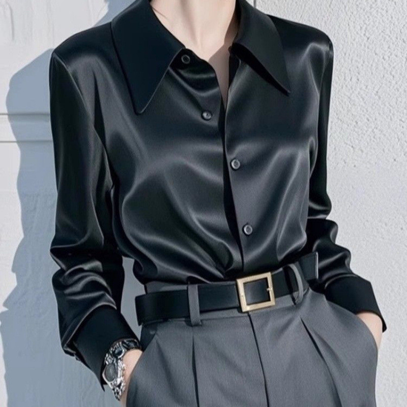 Francês High-End temperamento lapela camisa de cetim de manga comprida feminina 2025 primavera outono novo estilo Commut em Oferta na Shopee