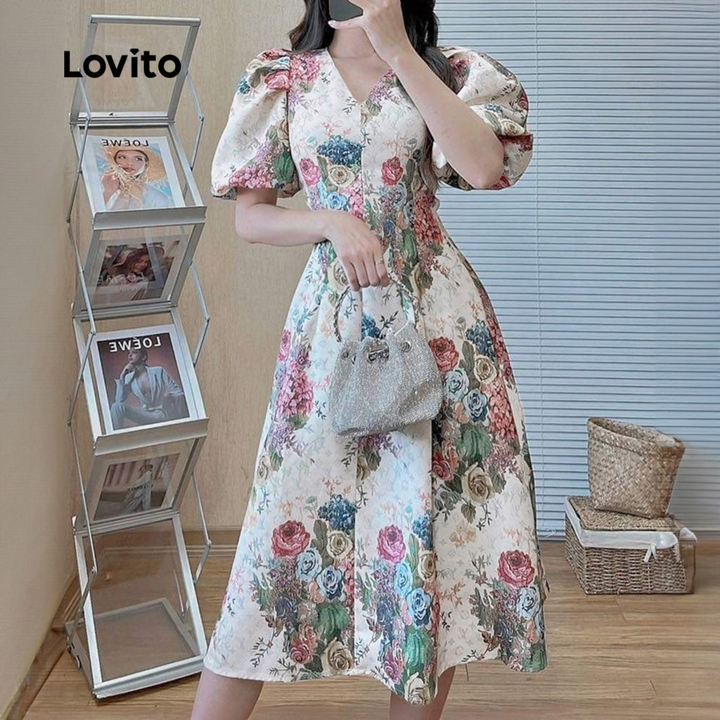 (Trendy) Lovito Vestido Vintage Estampado Plissado Primavera/Verão Vestido Multicolorido Para Mulheres L135ED365