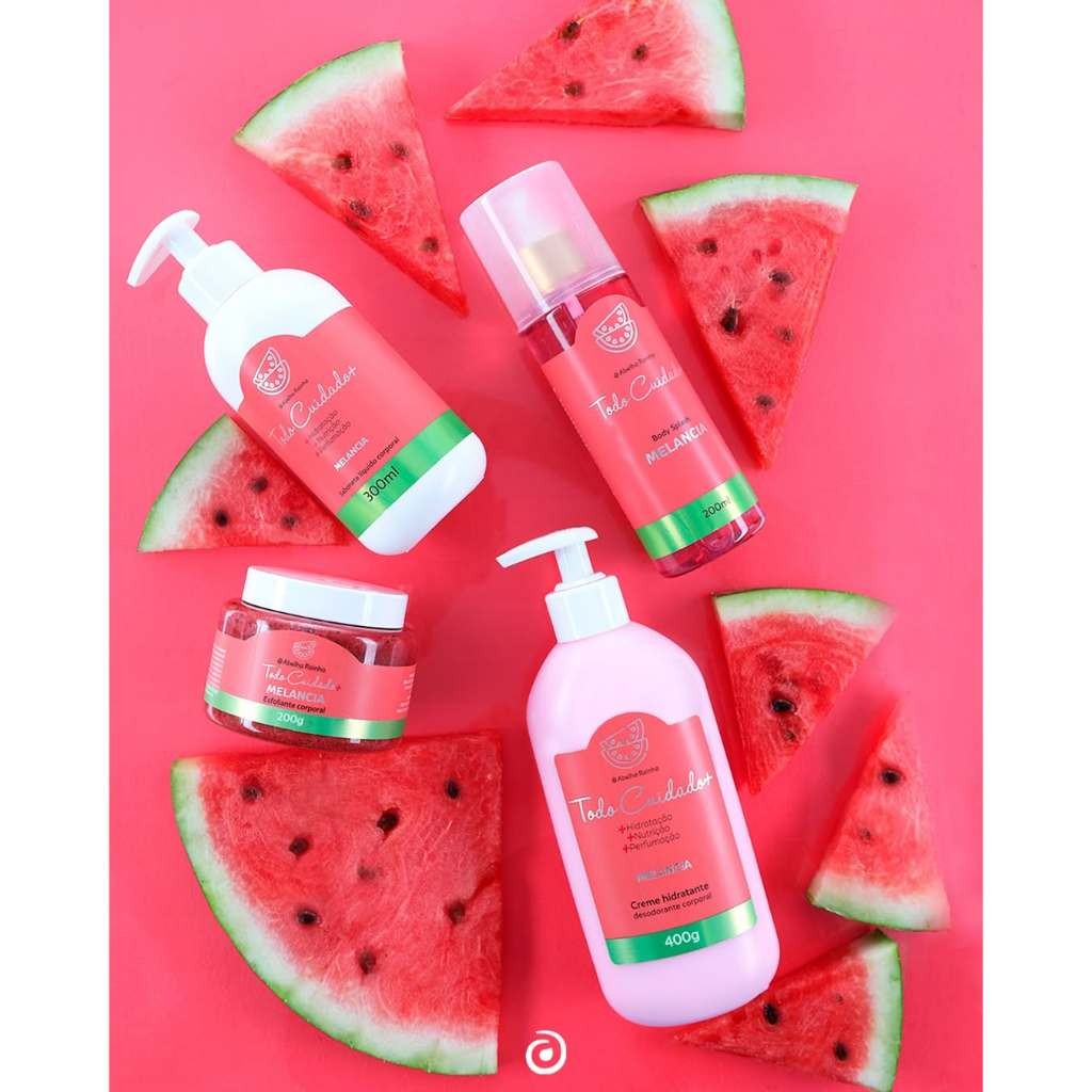 Kit Cuidado Diário Com Aroma De Melancia Sabonete Esfoliante Corporal Hidratante E Body Splash  Abelha Rainha