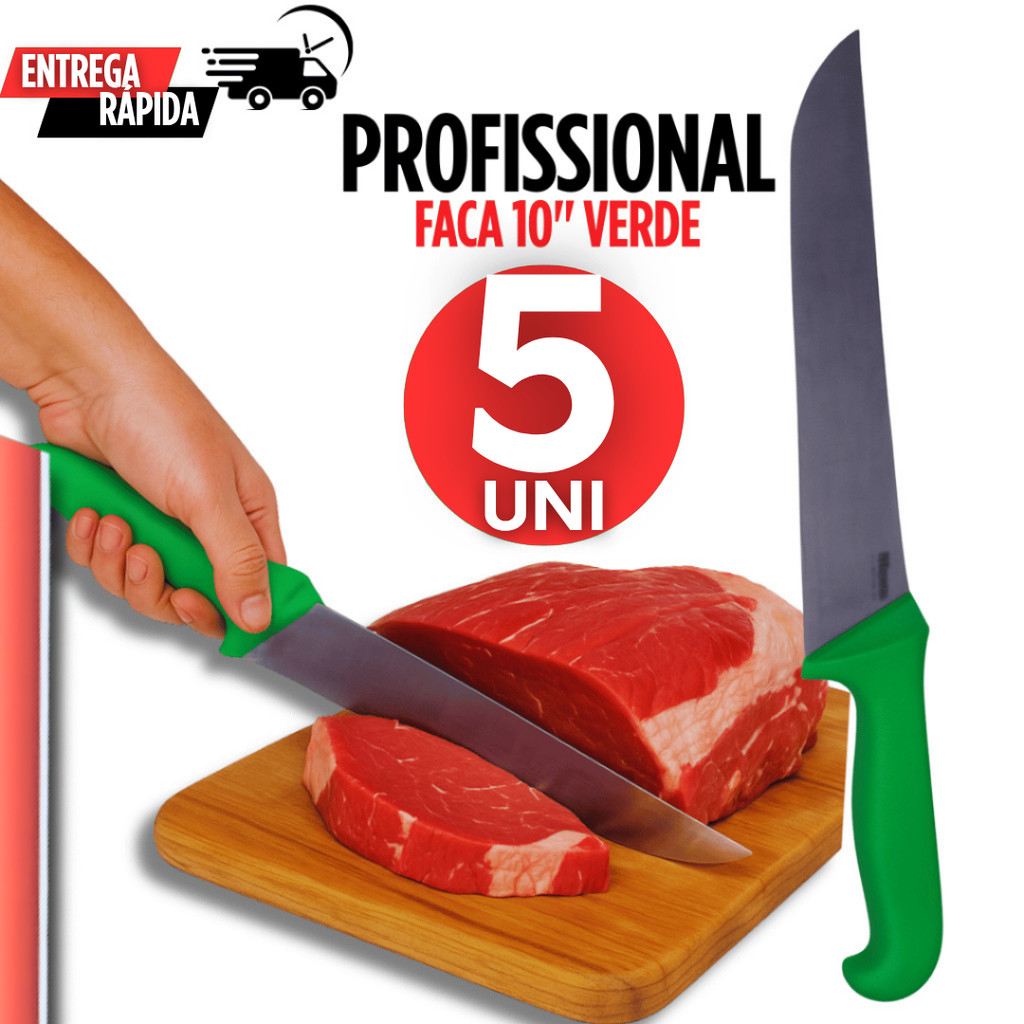 Kit 5/4/3/2 ou 1 Facas Carne Açougue Churrasco Profissional 10" Corneta Premium Cor Verde Linha Premium Faca