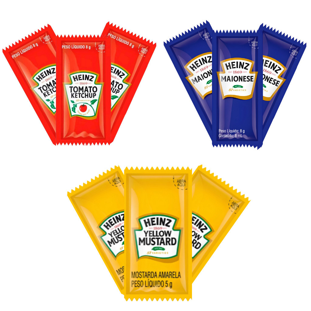 Kit Heinz Sachê Ketchup Maionese Mostarda Caixa 144 Unidades